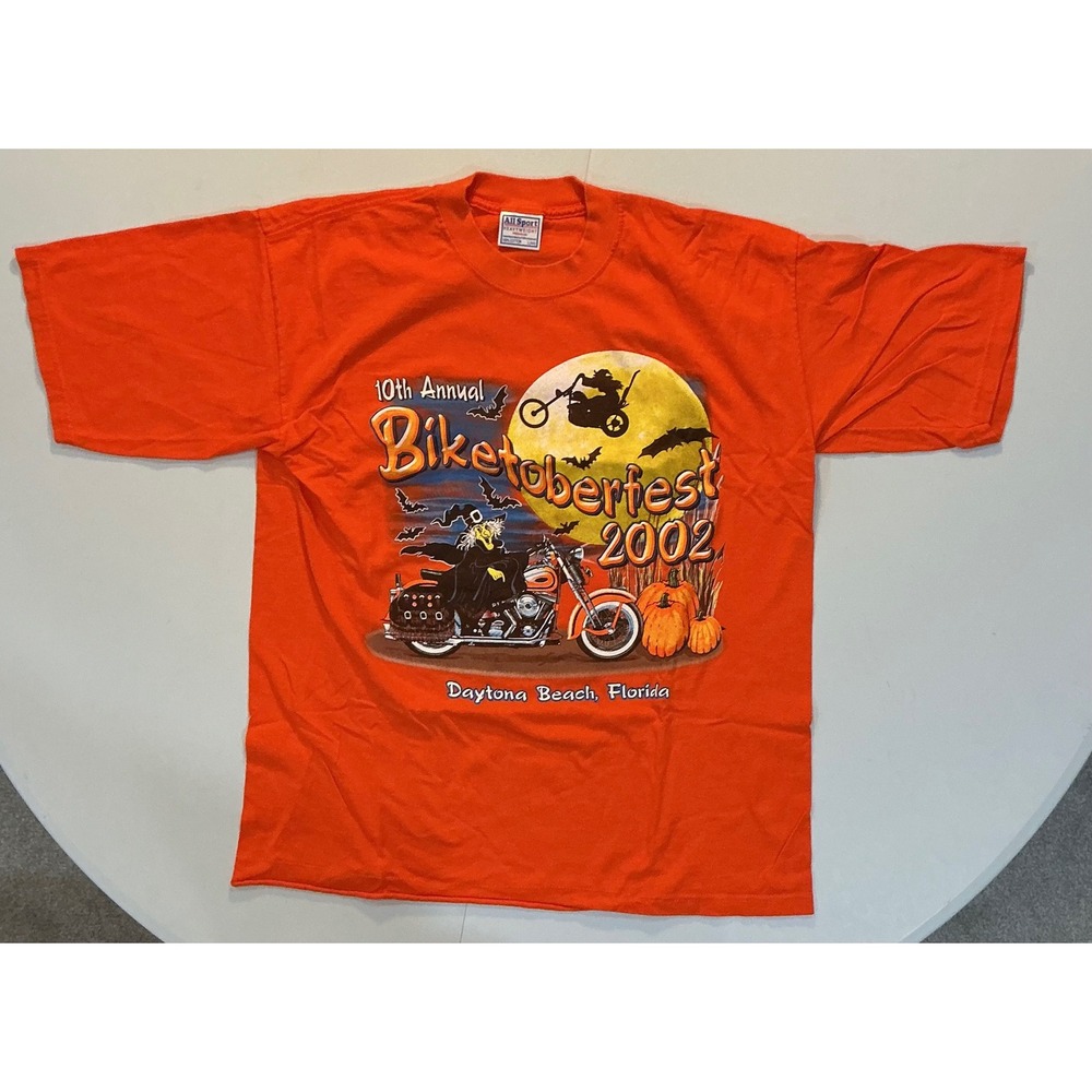VTG Y2K Halloween Witch Biketoberfest 2002 T Shirt L Orange Grunge Biker Moto